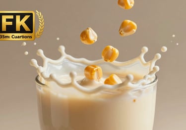 Artistic splash of a creamy, soft-colored protein shake with kernels of corn flying in the air, high-speed photography style.
