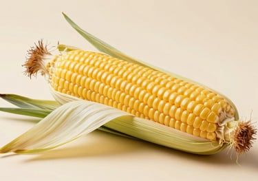 A stylized studio shot of a raw ear of corn with its husk partially peeled back, revealing vibrant golden kernels on a soft cream surface.