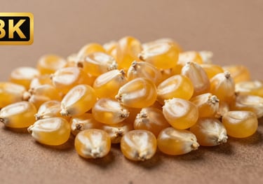 A macro photograph of premium, non-GMO golden corn kernels on a clean earth brown surface, bright and sharp focus.