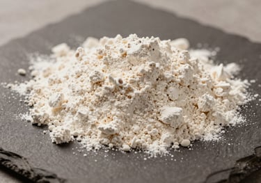 A sophisticated shot of textured corn flour and protein powder artistically arranged on a muted brown slate, minimalist and clean.
