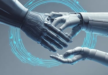 Smiling business owner shaking hands with an AI consultant after a successful meeting.