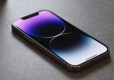 A sleek smartphone displaying a modern, user-friendly mobile interface with purple accents, sitting on a polished surface.