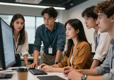 A group of young professionals collaborating around a digital screen in a high-tech workspace, wearing modern attire, professional atmosphere, Latin American context.