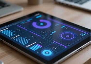A close-up shot of a modern tablet displaying glowing blue and purple data visualizations in a professional office setting in Buenos Aires.