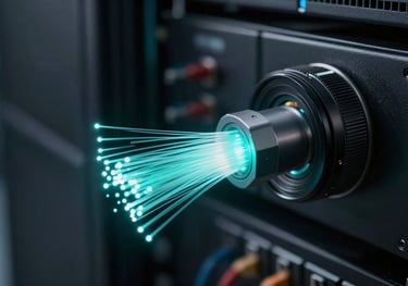 Close-up of a high-speed fiber optic connection glowing with cyan light in a dark data center, symbolizing fast digital marketing results.
