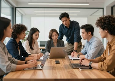 A group of diverse professionals in business casual wear collaborating around a large wooden table in a bright, modern North American office.