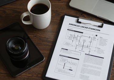 A top-down view of a designer office desk with a tablet, a clean coffee mug, and a strategic plan document in a North American setting.
