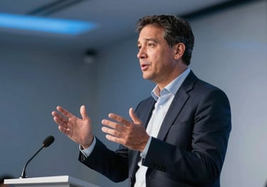 A professional North American business leader gesturing during a keynote presentation in a modern conference hall with soft blue ambient lighting.