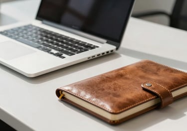A close-up of a modern silver laptop and a high-quality leather notebook on a clean white desk in a sunlit North American corporate office.