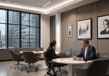 A professional business meeting with people discussing strategy over a laptop and documents.