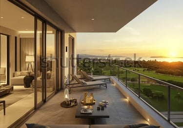 Balcon de penthouse avec mobilier moderne, vue sur le golf et coucher de soleil côtier. Kribi