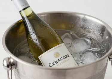 A chilled bottle of Ceracore Chardonnay resting in a minimalist silver ice bucket. Condensation beads on the glass. Bright, clean light. Palette: #A4BC9F and #F7F7F7.