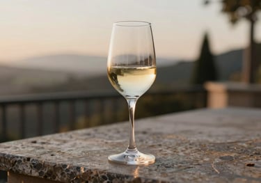 A glass of Pinot Grigio on a weathered stone terrace at dusk. The golden hour light makes the wine glow. Sophisticated and inviting. Incorporates #597E52 and #F7F7F7.