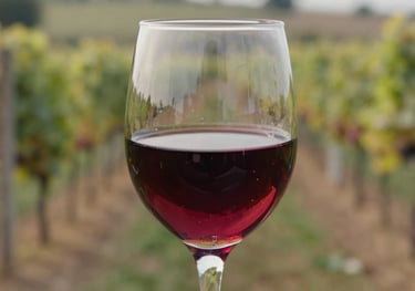 A close-up of a crystal glass half-filled with deep ruby red wine. The wine catches the light, showing clarity and body. The background is a soft-focus vineyard. Highlights of #597E52.