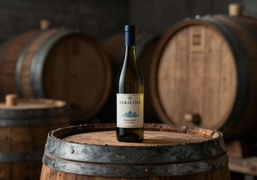 An artistic shot of an oak barrel in a dimly lit cellar. A single bottle of Ceracore Signature Blend rests on the wood. The atmosphere is one of timeless craftsmanship. Uses #2C3333 and #A4BC9F.