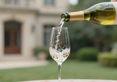 An elegant action shot of a Blanc de Blanc bottle being poured into a tall flute. Fine bubbles are visible. The background is a blurred luxury estate garden. Tones of #A4BC9F.