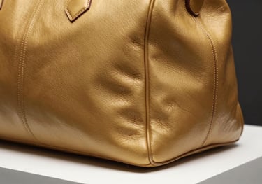A luxury travel bag in rich gold leather resting on a white minimalist pedestal, high-fashion lighting, sharp focus on stitching detail.