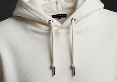 A premium designer hoodie in a soft white fabric, focused on the quality of the drawstrings and knit, minimalist studio setup.