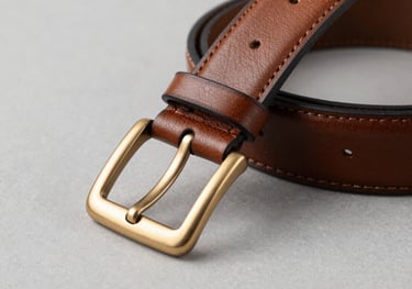 Close-up of a premium leather belt with a metallic gold buckle, presented on a minimalist grey surface with sharp lighting.