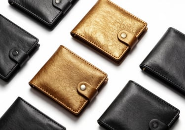 Flat lay of minimalist leather wallets in deep black and metallic gold, professionally arranged on a pure white background.