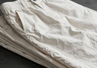 A stack of premium baggy pants in soft white and neutral tones, showcasing high-quality textile textures, studio lighting.