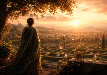 A woman in a flowing green cloak overlooks a vast garden hedge maze during a golden fantasy sunset.
