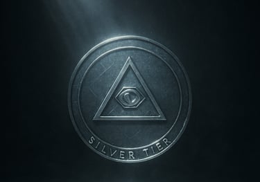 Silver tier medallion with an engraved triangle and eye symbol illuminated by a spotlight.