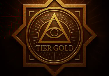 Golden Tier Gold emblem featuring an eye inside a triangle symbol on a textured metallic background.