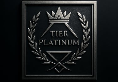 Elegant metallic Tier Platinum emblem with a crown and laurel wreath on a dark textured background.