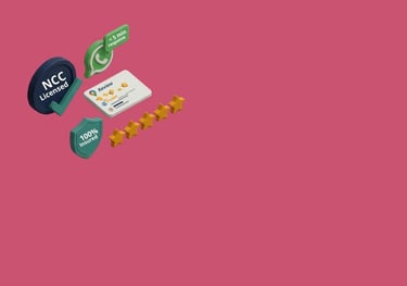 NCC licensed and 100% insured service icons with customer reviews and WhatsApp support.
