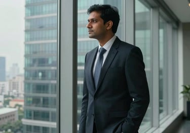 A South Asian professional standing by a large glass window in a high-rise office in Dhaka. They are looking out over the city with a thoughtful expression. The style is cinematic and premium, emphasizing leadership and vision.
