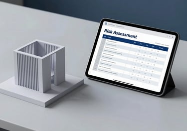 A minimalist workspace in Bangladesh featuring a single architectural model and a digital tablet showing a risk assessment matrix. The style is premium and corporate, with clean lines and a palette of light gray and navy blue.