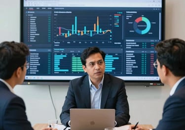 A detailed photograph of a professional team meeting in Dhaka. Three colleagues are engaged in a strategic discussion around a large screen displaying complex data. The lighting is bright and modern, using deep navy corporate tones.