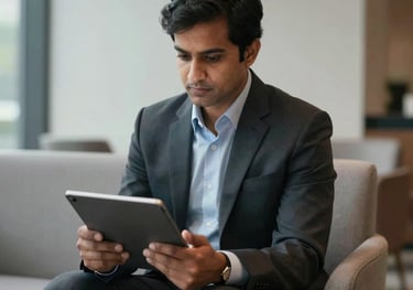 A focused South Asian professional reviewing financial reports on a tablet in a premium corporate lounge. The lighting is crisp and the composition is minimalist, using charcoal and navy tones to convey stability and expert guidance.