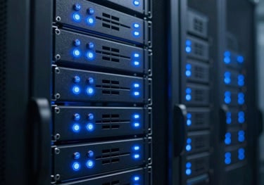 A high-resolution photograph of a server room with glowing blue status lights, reflecting a secure and structured technical environment. The style is modern and high-tech, using deep charcoal and navy blue tones.