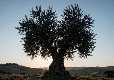 A photography of an ancient olive tree silhouette against a light sky blue dawn. The setting is a peaceful Southern European hillside. The light is ethereal and calm.
