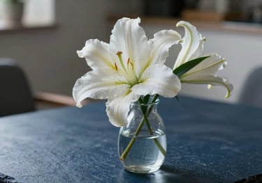 A detailed photography of a single white lily in a glass vase, placed on a dark slate blue surface. Soft lighting coming from the side, creating elegant shadows in a modern Southern European interior.