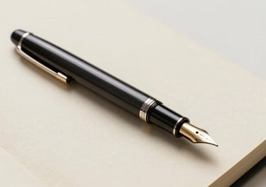 An elegant fountain pen resting on a handmade paper journal. The background is a soft ivory texture. The composition is clean and modern, focusing on the tools of reflection and writing.