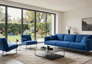 A modern, bright living room in Italy with minimalist steel blue furniture. Large windows overlook a garden, symbolizing a life of balance and well-being.