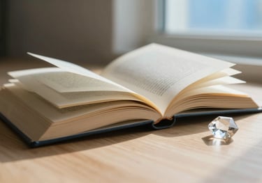 An open book on a light wood surface, with pages softly turning. A small crystal sits nearby, catching the light sky blue reflections from the window.