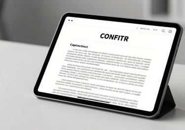 A black and white image of a digital tablet displaying a legal contract. Professional, clean, high-tech legal environment with #F9F9F9 lighting.