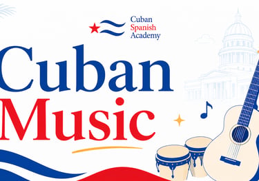Cuban Spanish Academy graphic for Cuban Music featuring a guitar, bongo drums, and a microphone.