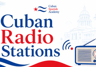 Vintage radio illustration for Cuban radio stations with Havana skyline and Cuban Spanish Academy logo.