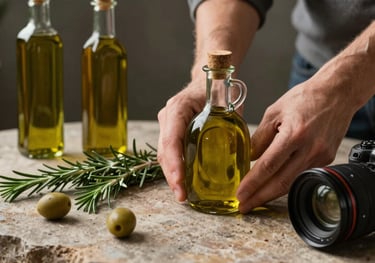 Hands of a photographer arranging a still life of artisanal olive oil and rosemary on a rustic stone surface, professional lighting.
