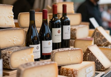 Close-up photography of a modern food market stall with artisanal cheeses and organic wines, vibrant colors, shallow depth of field, Southern European / Portuguese context.
