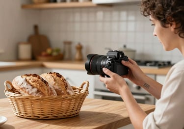 Action shot of a digital marketing expert taking a high-quality photo of a rustic bread basket in a sunlit kitchen, Southern European / Portuguese style.