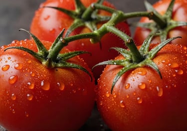 Macro photography of fresh, ripe tomatoes on a vine with water droplets, rich Deep Ripe Crimson tones, professional food styling.