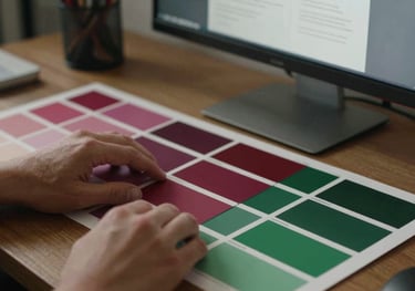 A creative workspace with a designer working on a brand color palette on a monitor, featuring Deep Ripe Crimson and Matte Forest Green swatches.