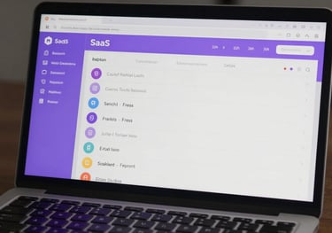 A high-quality photo of a laptop screen showing a sophisticated SaaS dashboard with soft violet accent colors.