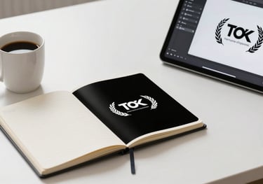 A clean, bright photo of a minimalist workspace with a notebook, a coffee cup, and a tablet showing a logo design process.